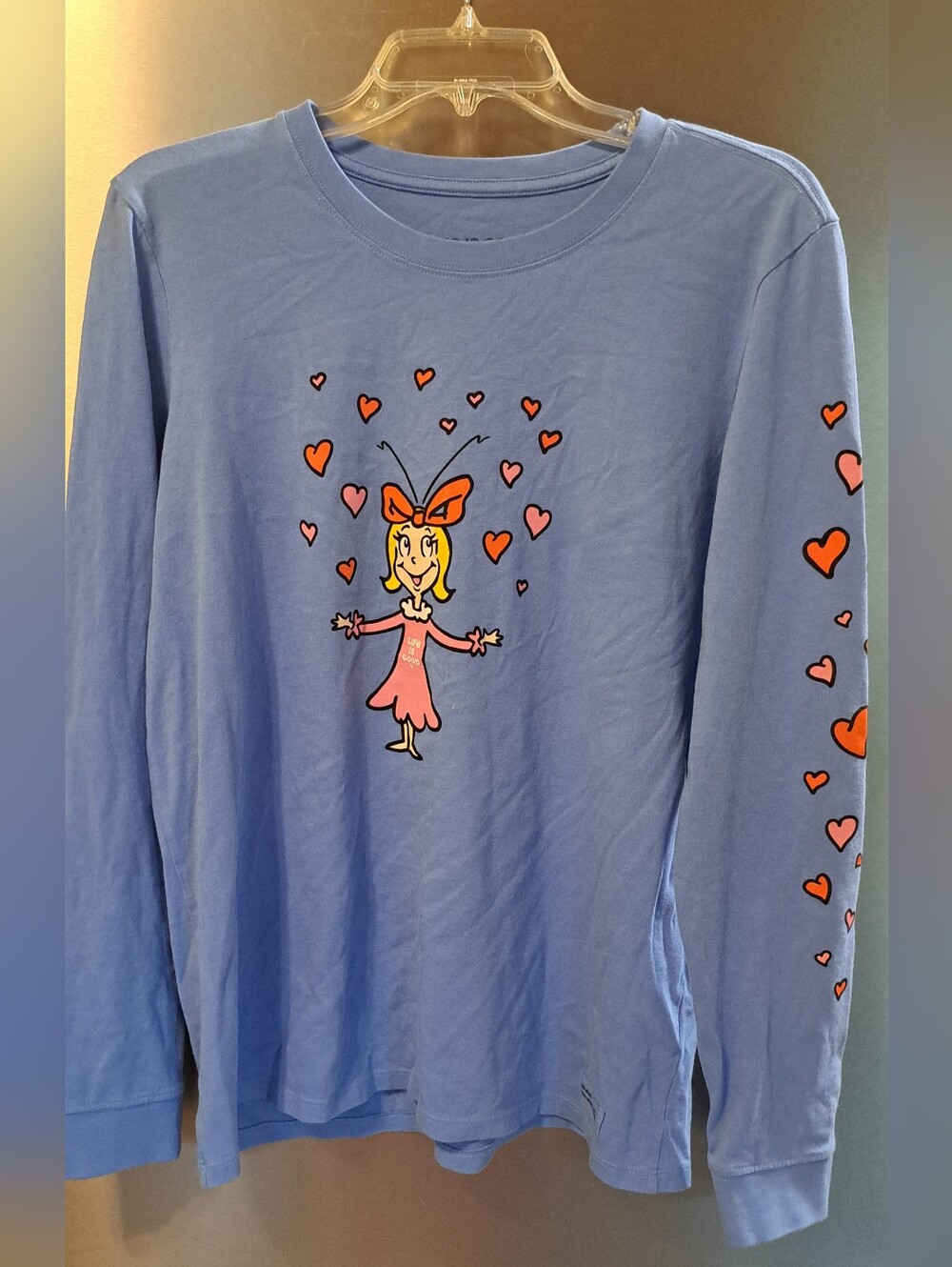 Women's Life is Good Cindy-Lou Heart Grinch Blue Crusher Tshirt Long Slv LRG